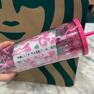 Starbucks Roller Rabbit Pink and Teal Tumbler with Straw